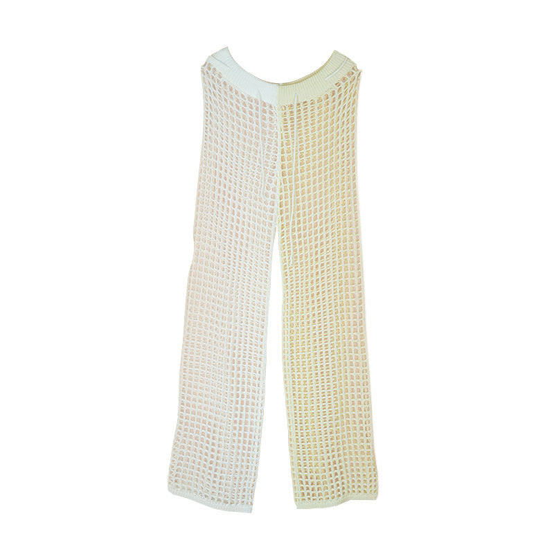 Hollow Out Cutout Contrast Color Trousers Loose Hand Crochet Wide Leg Sun Protection Seaside Beach Pants