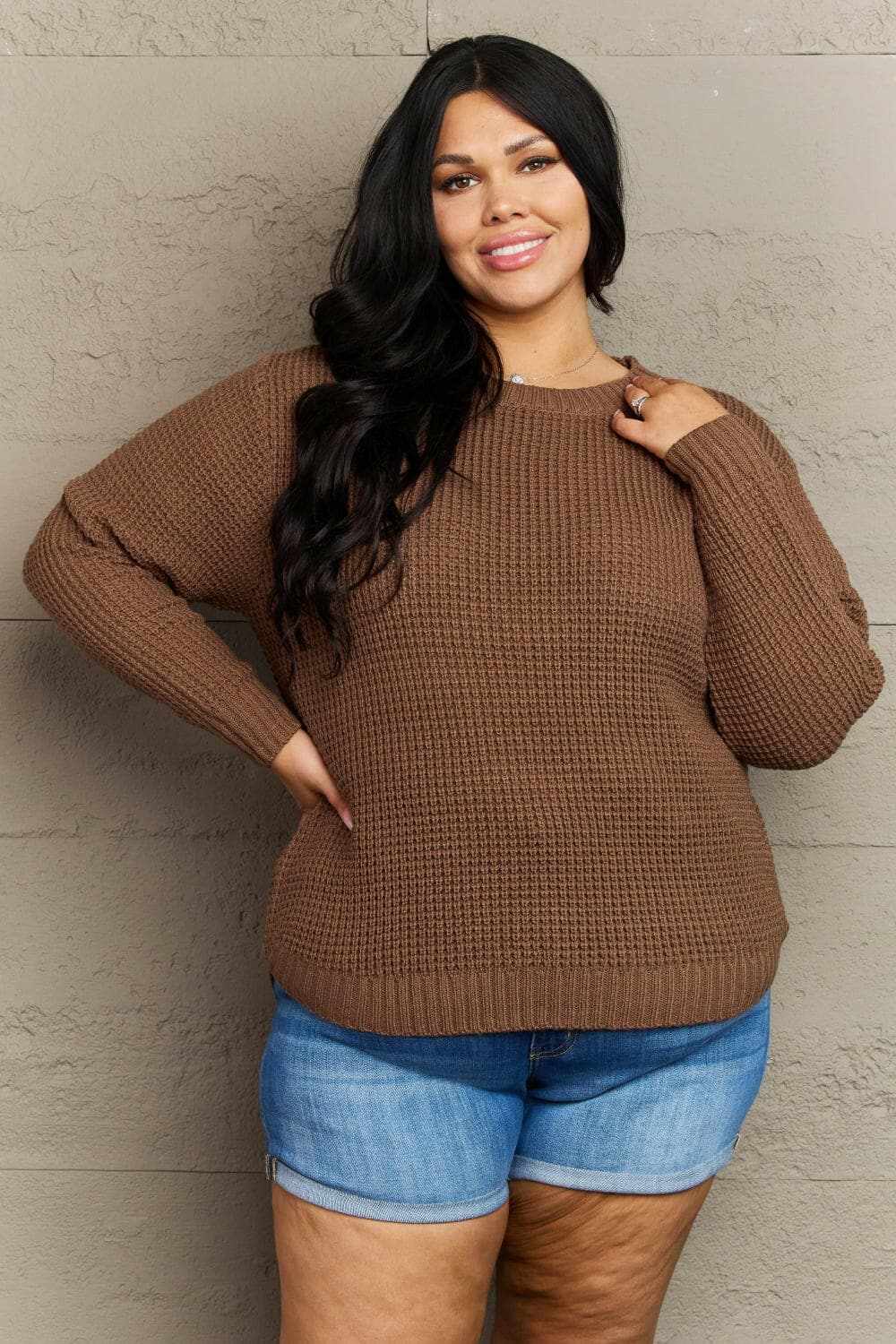 Plus size high-low waffle knit sweater by Zenana in solid color with round neck and long sleeves.