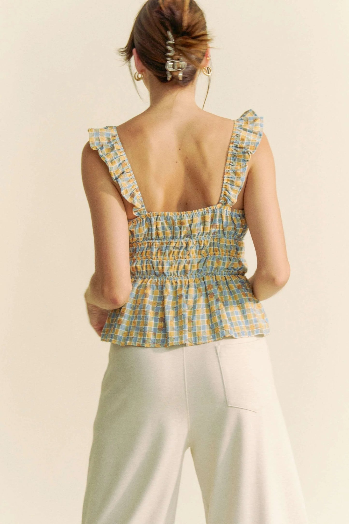 Davi & Dani Plaid Ruffled Strap Smocked Sleeveless Top - Love Salve