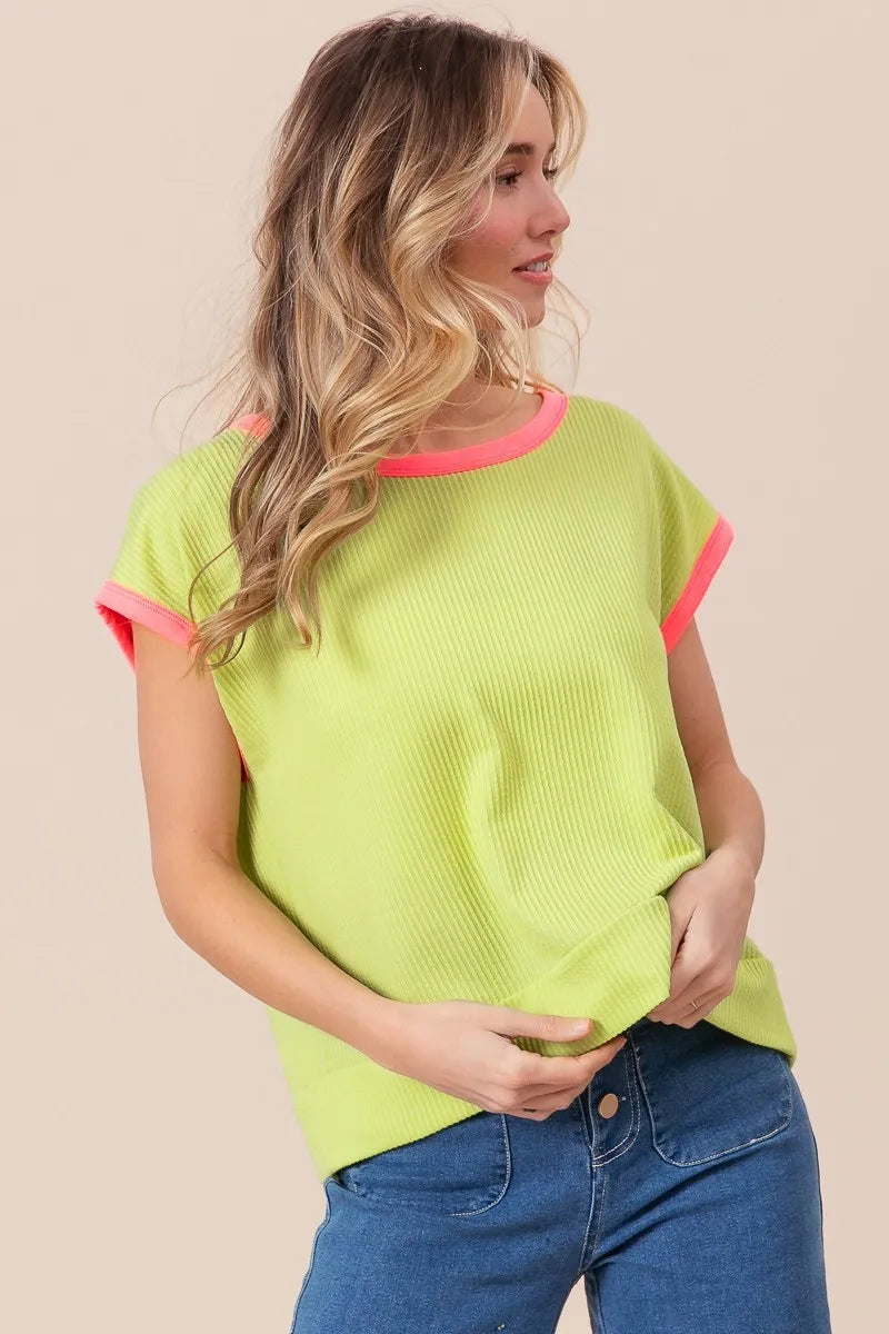 BiBi Cord Rib Knit Contrast Banded Top - Love Salve