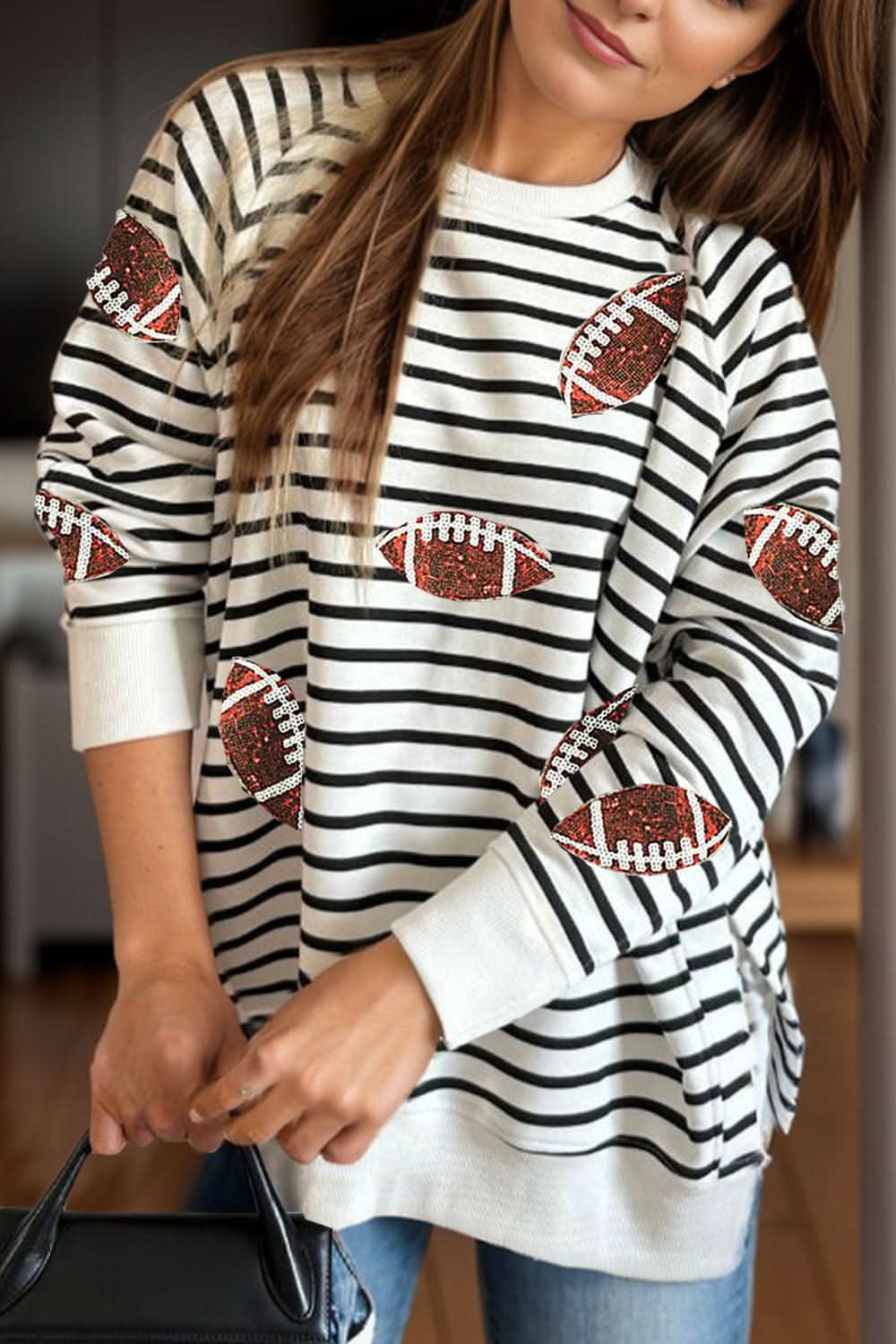 Sequin Football Striped Long Sleeve Sweatshirt - Love Salve