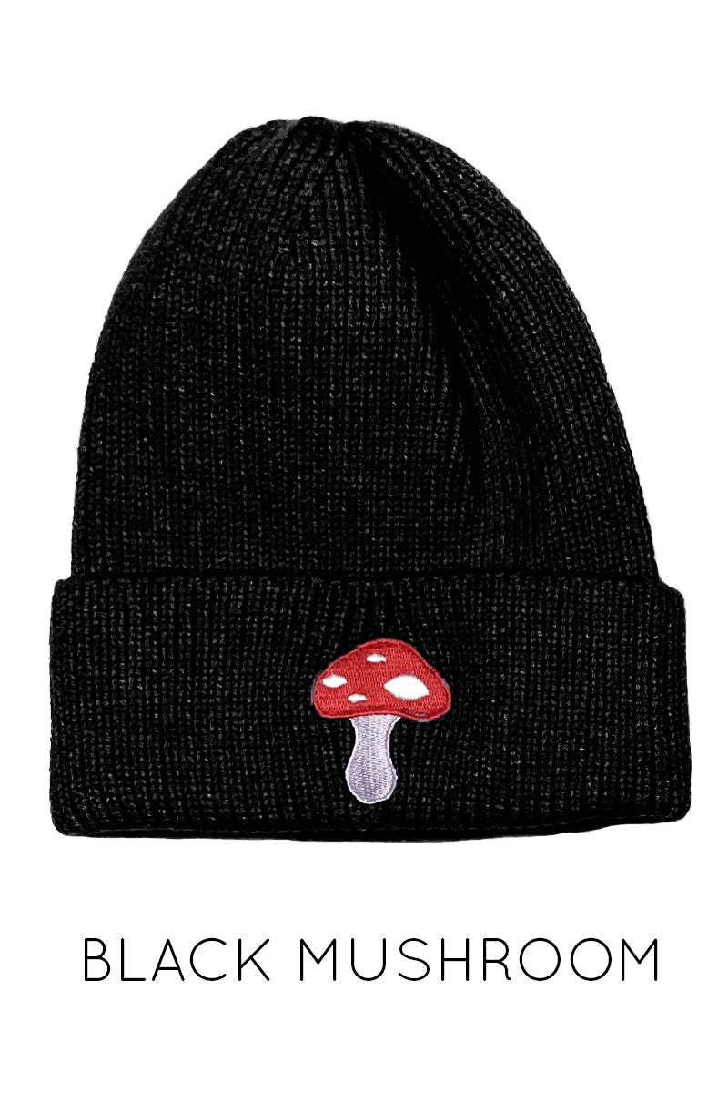 Embroidered Knit Beanie With In House Mushroom Embroidery
