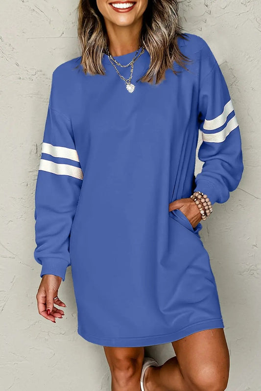 Sky Blue Varsity Sleeve Contrast Shift Sweatshirt Dress Dear-Lover Dropshipping