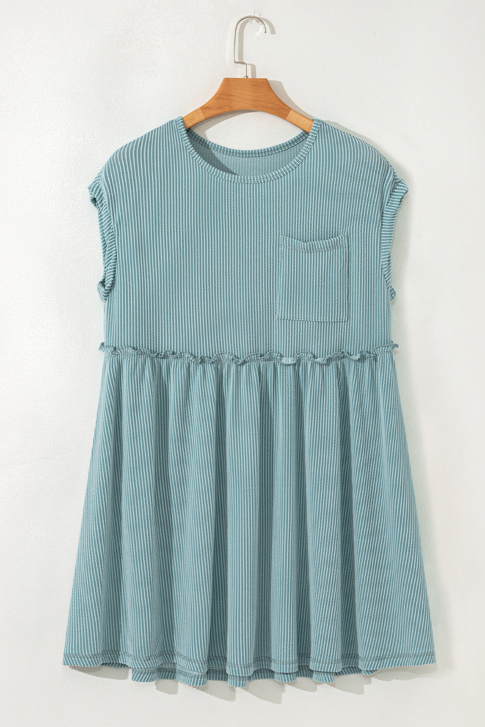 Canton Corded Knit Textured Patched Pocket Frilled Mini Dress