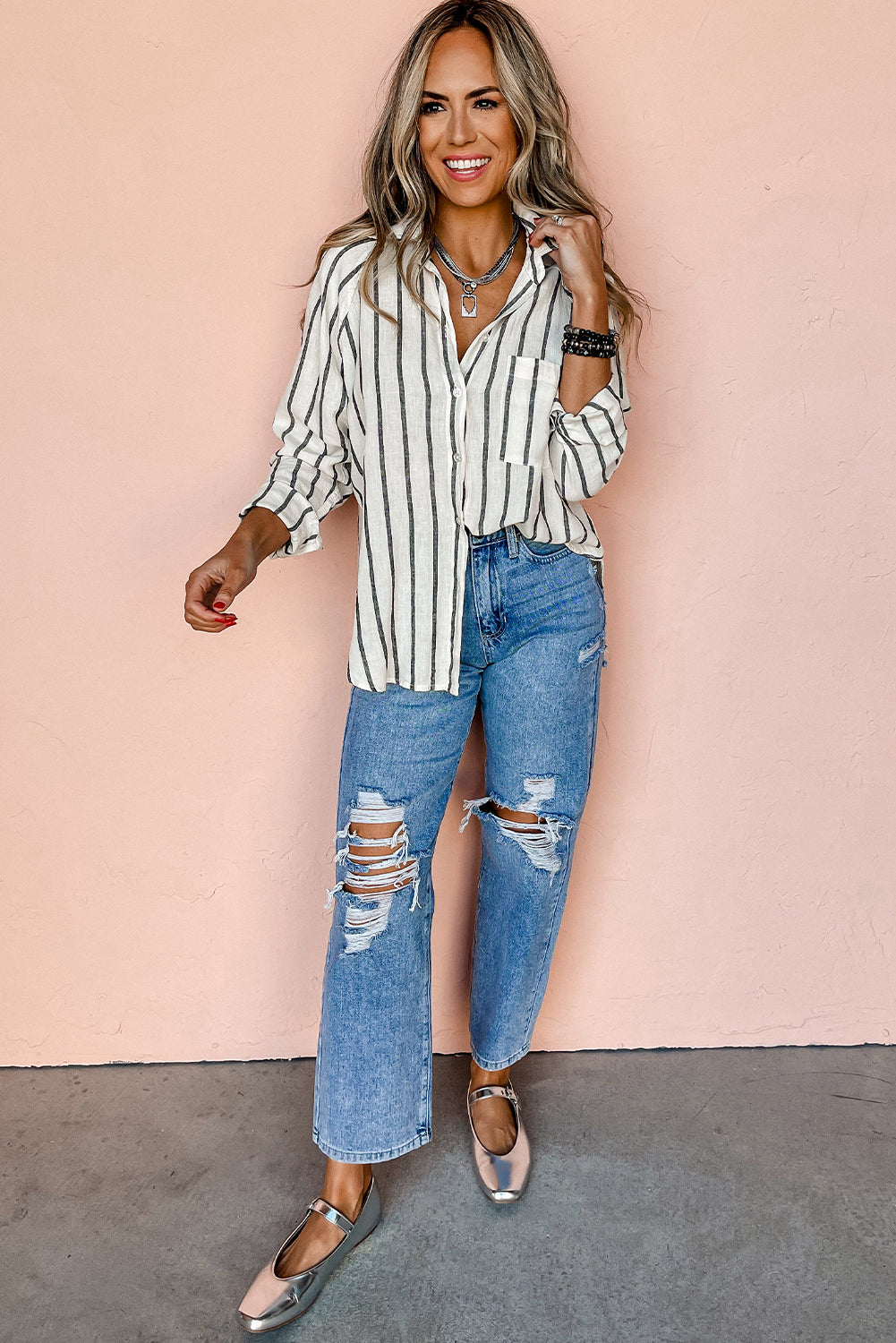 Black Stripe Chest Pocket Buttoned Oversized Shirt for Women