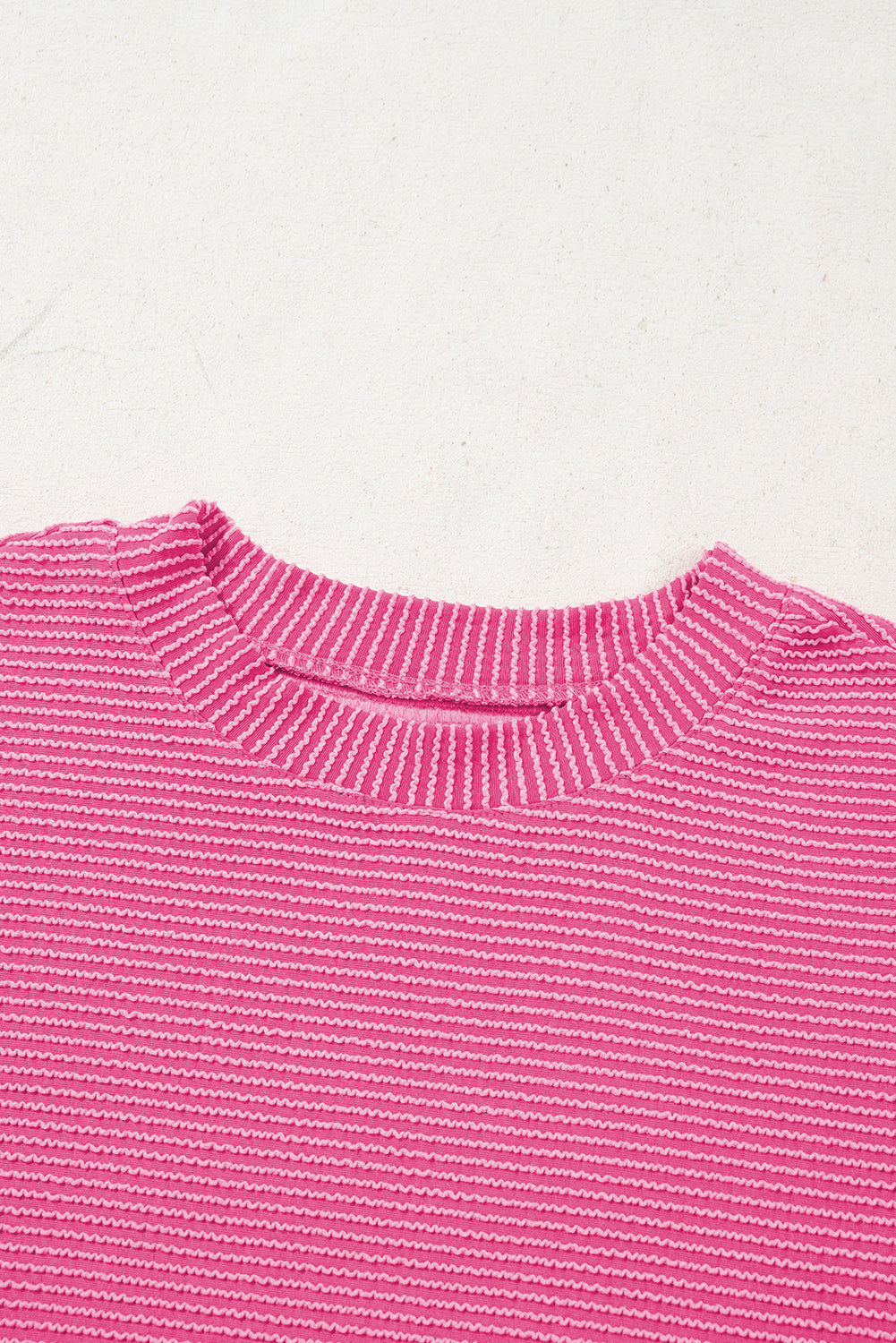 Bright Pink Plain Corded Knit Mock Neck T Shirt for Women