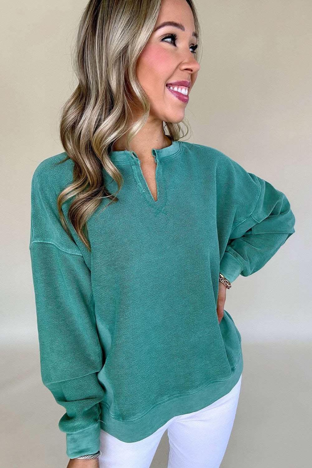 Skobeloff Solid Color Notched Neck Drop Shoulder Sweatshirt - Love Salve