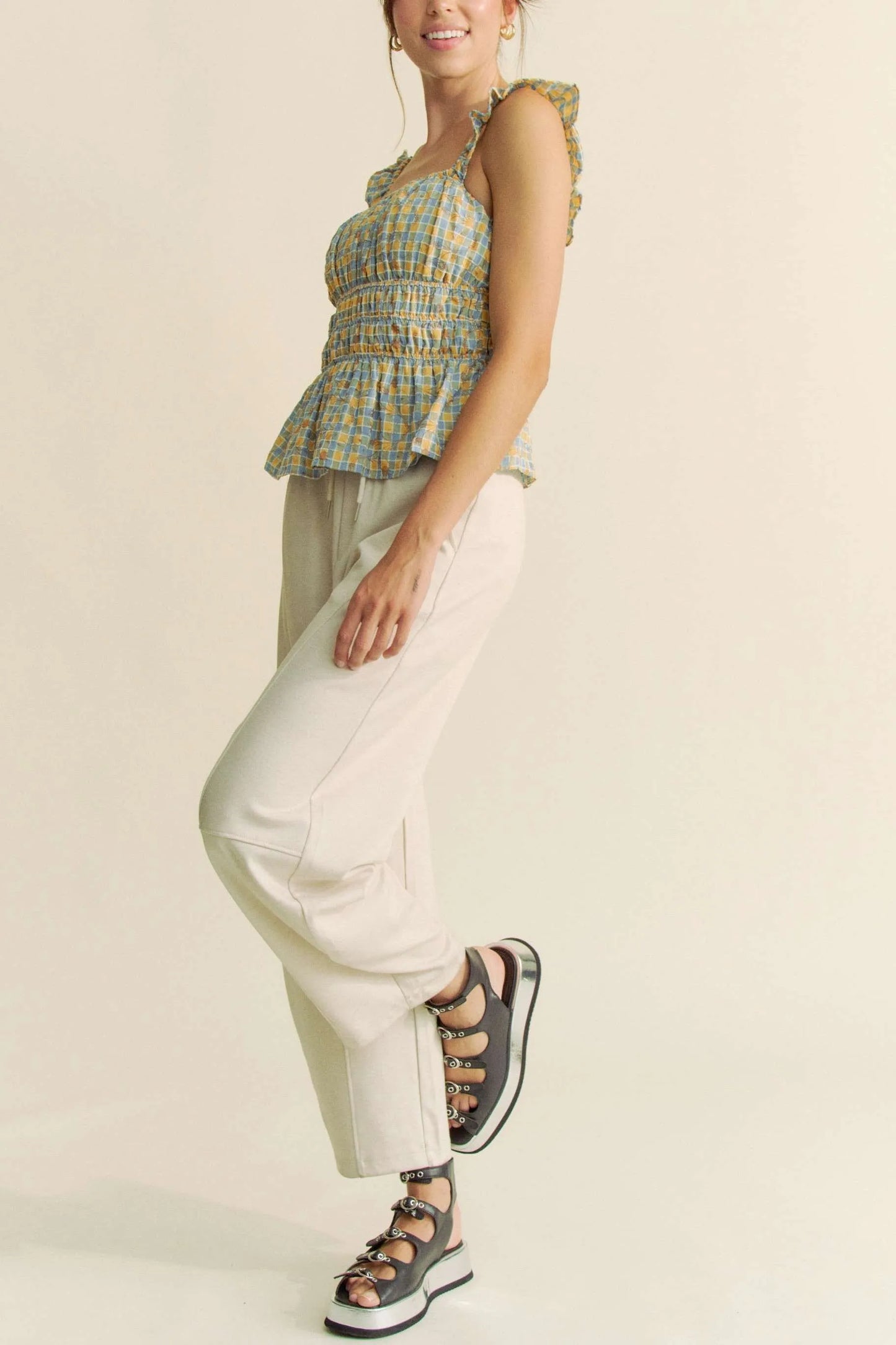 Davi & Dani Plaid Ruffled Strap Smocked Sleeveless Top - Love Salve