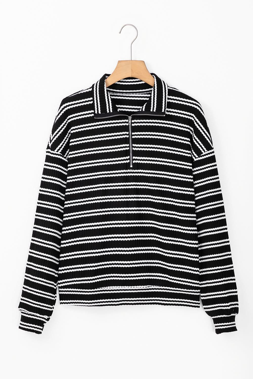 Black Stripe Textured Quarter Zip Collar Long Sleeve Top - Love Salve