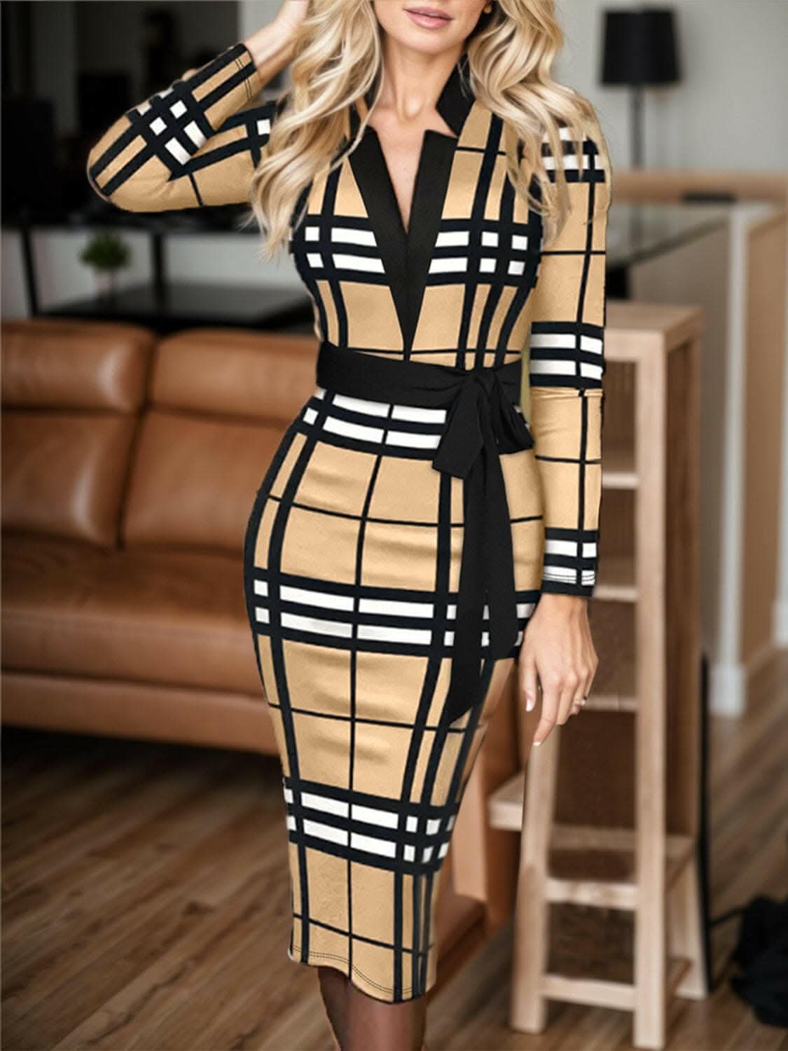 Plus size plaid wrap dress with V-neck and long sleeves, offering versatile and comfortable fit.
