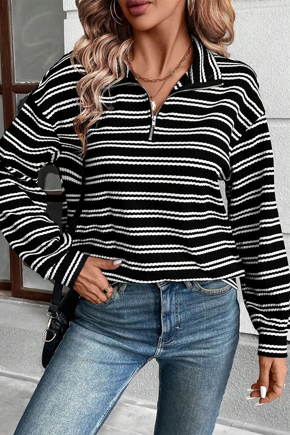 Black Stripe Textured Quarter Zip Collar Long Sleeve Top - Love Salve