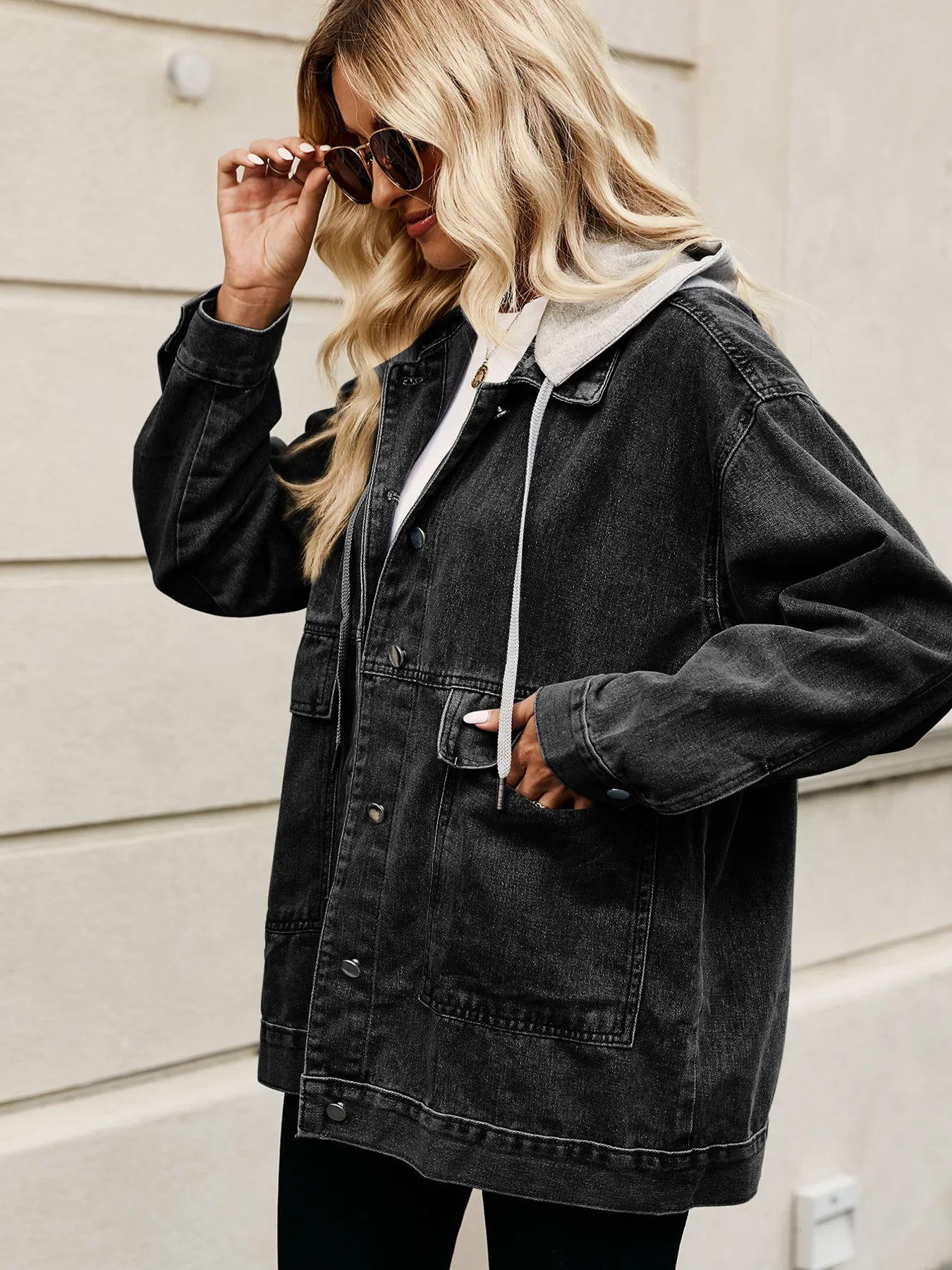 Oversized Button Up Denim Jacket with Hood