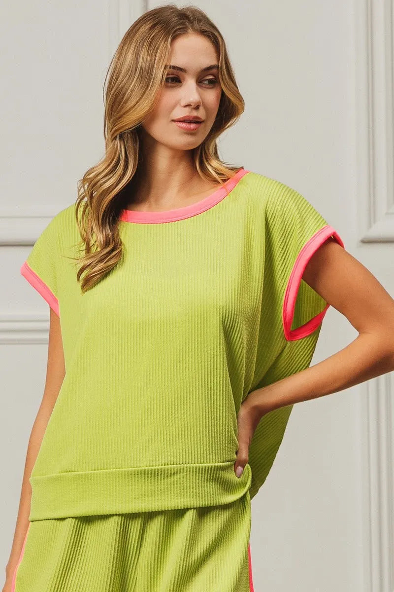 BiBi Cord Rib Knit Contrast Banded Top - Love Salve