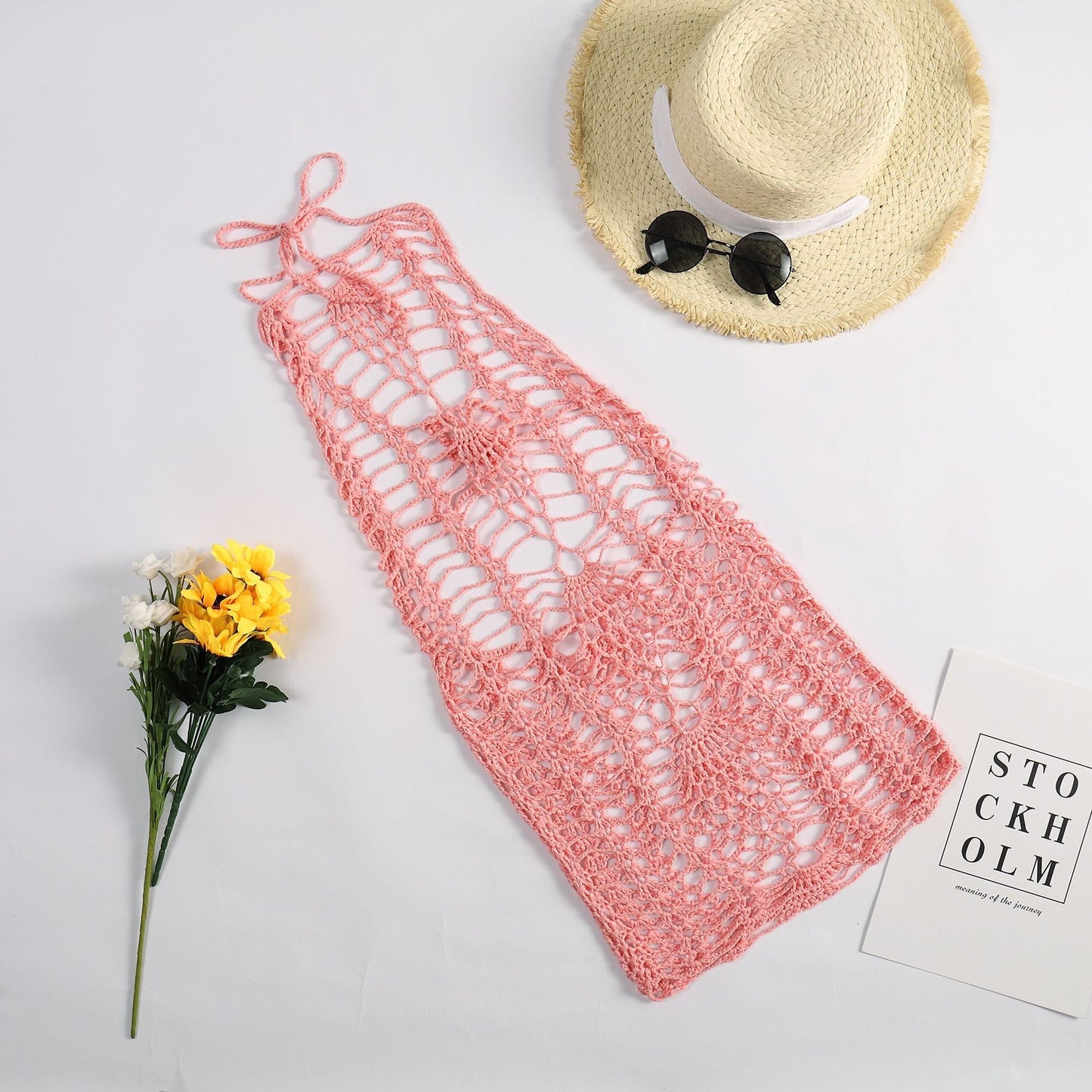 Sexy Woven Beach Dress Hand Crocheting Knitted Hollow Out Cutout Beach Beach Cover Up Sun-Protective Clothing Women Crochet hook