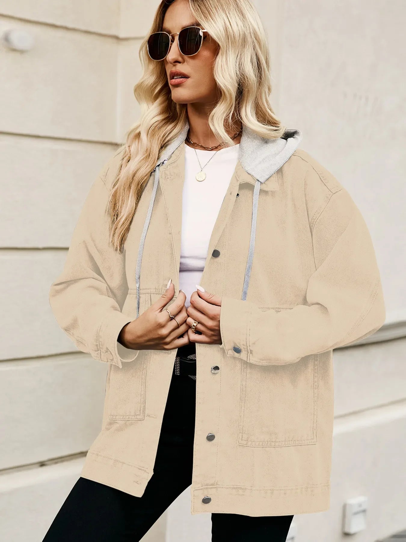 Oversized Button Up Denim Jacket with Hood