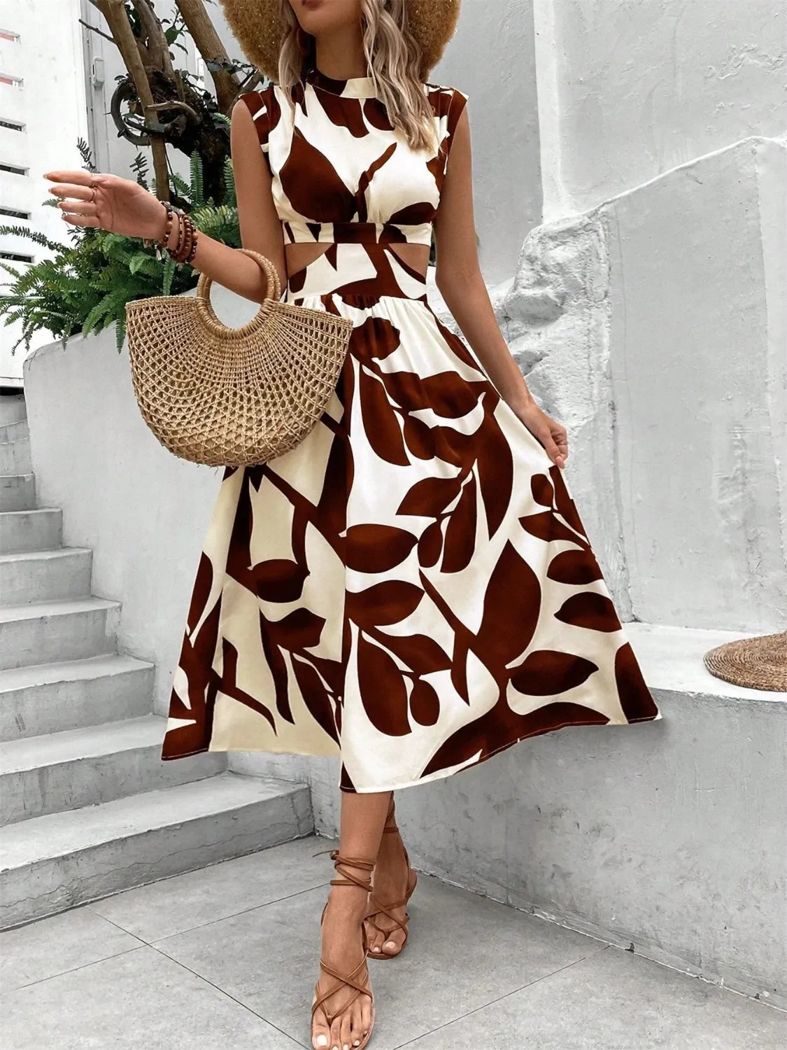 Tropical Cutout Cap Sleeve Midi Dress