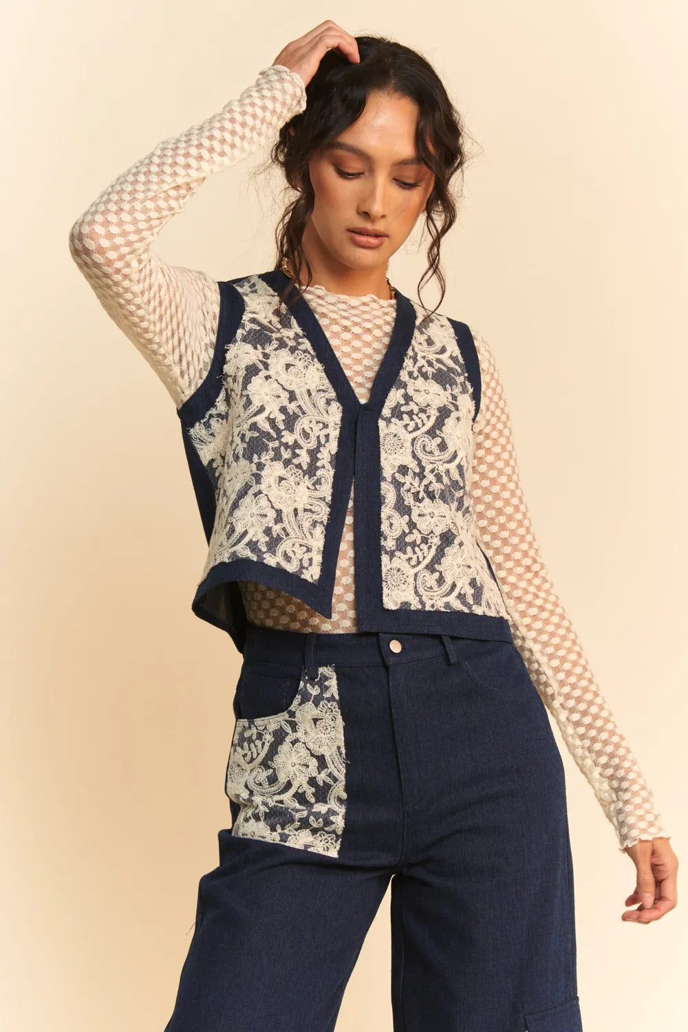 Davi and Dani Lace Patch Open Front Denim Vest - Love Salve