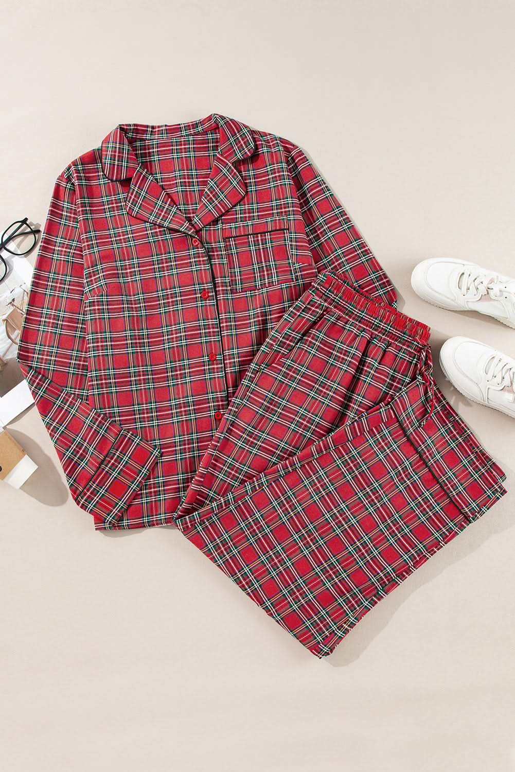 Cozy plus size red plaid lounge set - Love Salve