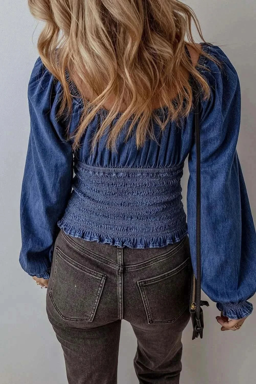 Smocked denim long sleeve top - Love Salve