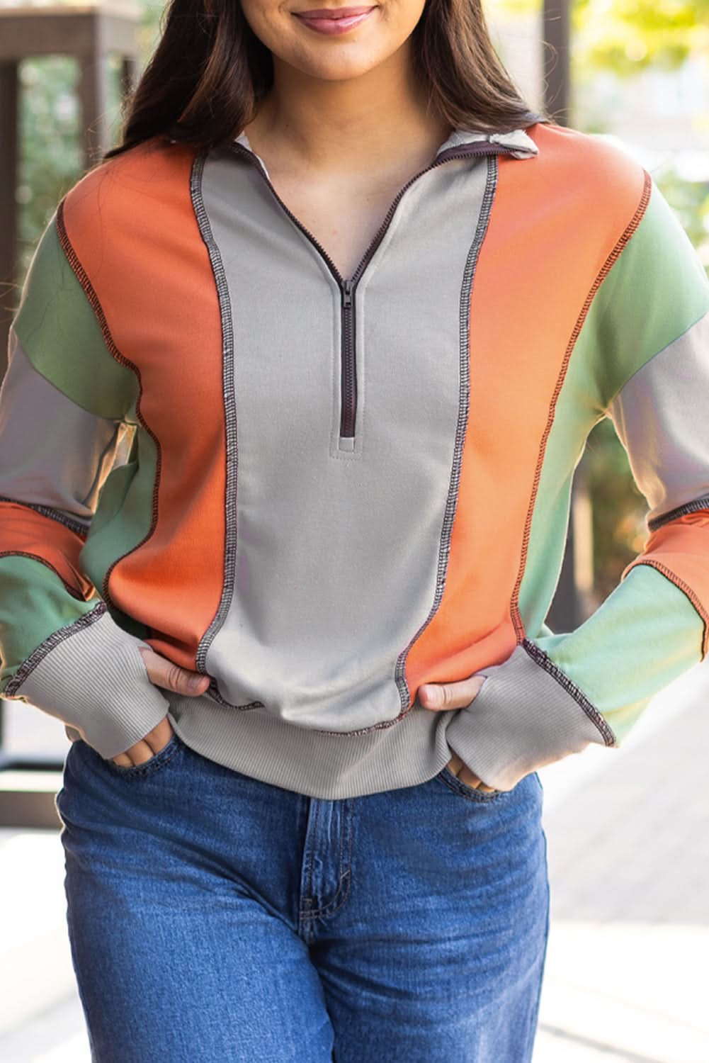 Light Grey Color Block Stitching Detail Half Zipper Sweatshirt - Love Salve