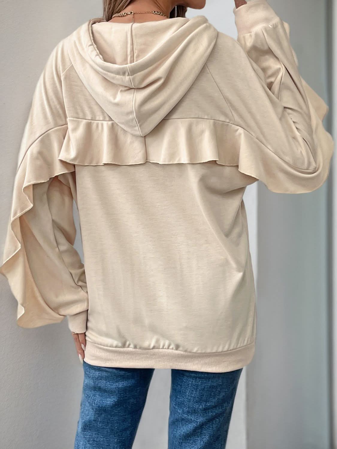 Perfee Drawstring Ruffled Long Sleeve Hoodie - Love Salve