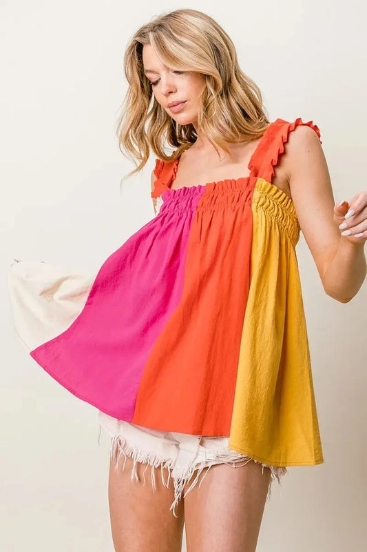 BiBi Frill Shoulder Strap Color Block Bodice Top - Love Salve