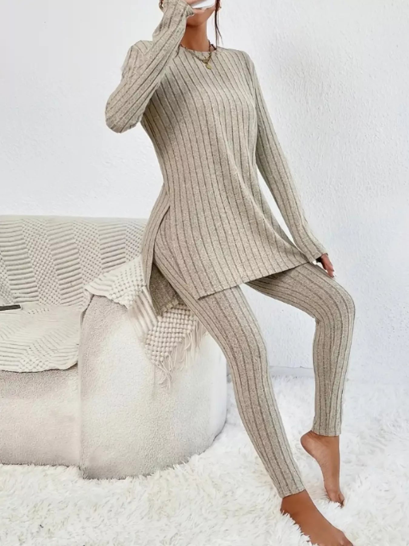 Side Slit Ribbed Top and Pants Set