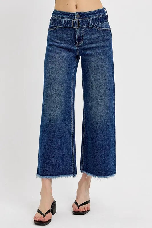 Risen Raw Hem Wide Leg Attached Buckle Jeans - Love Salve