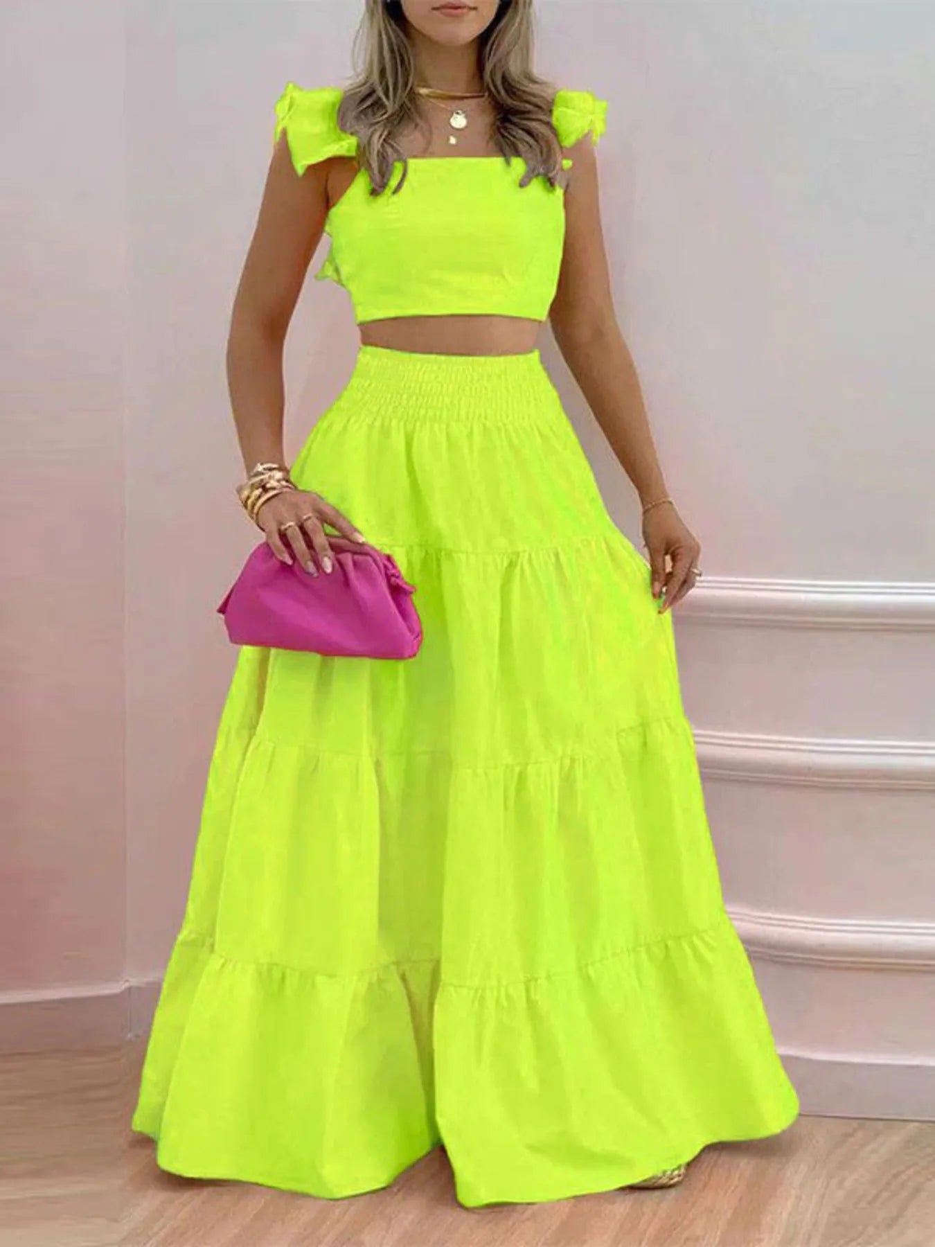 Full Size Ruffled Cami and Tiered Maxi Skirt Set Plus Size