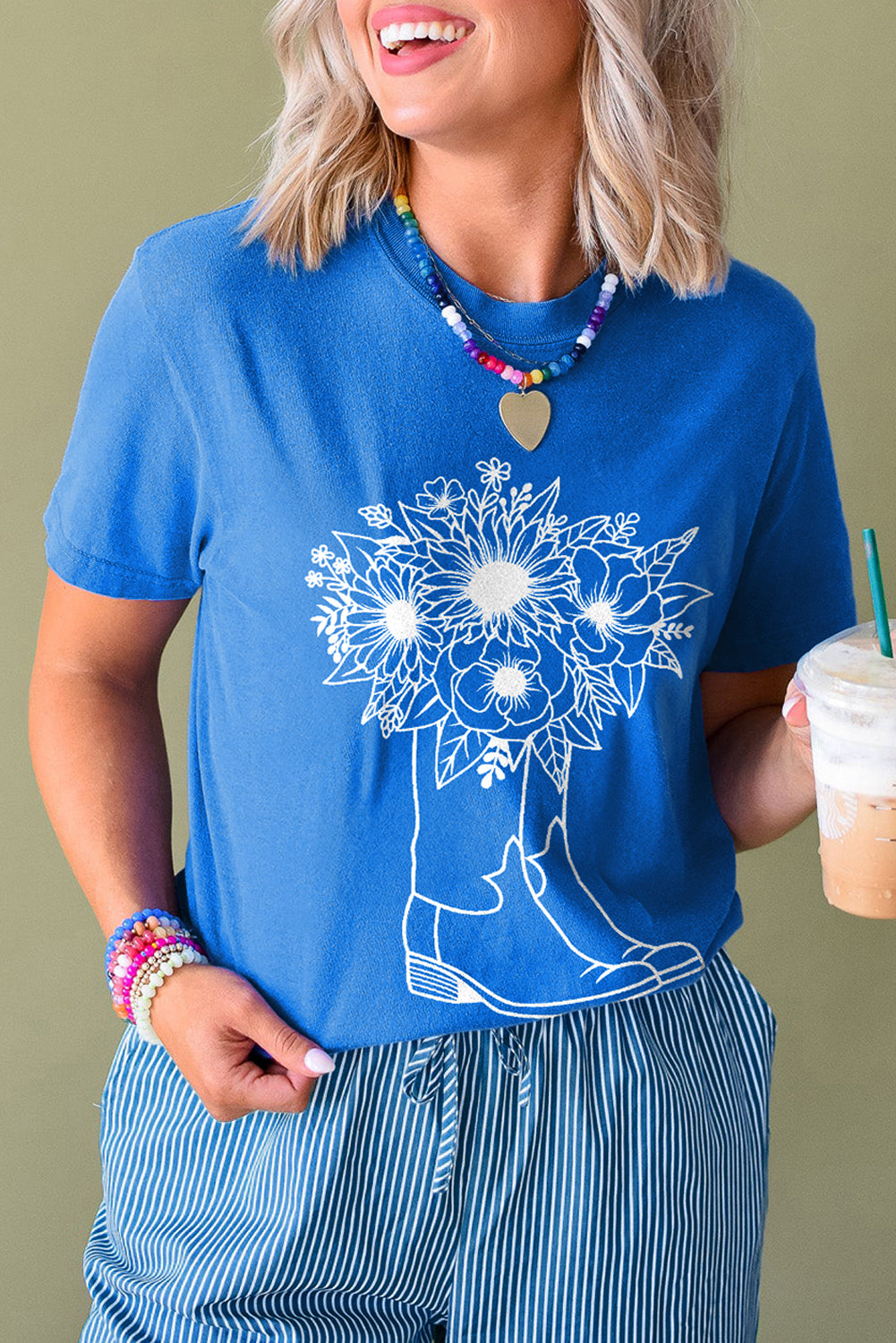 Blue Sunflower Boots Graphic Western Fashion T Shirt for Women