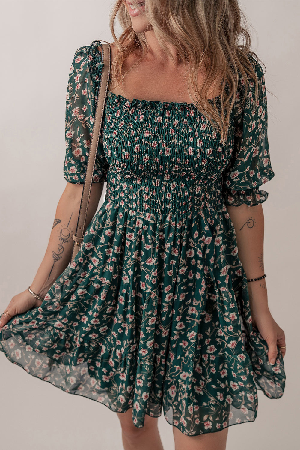 Green Smocked Square Neck Puff Short Sleeve Floral Dress