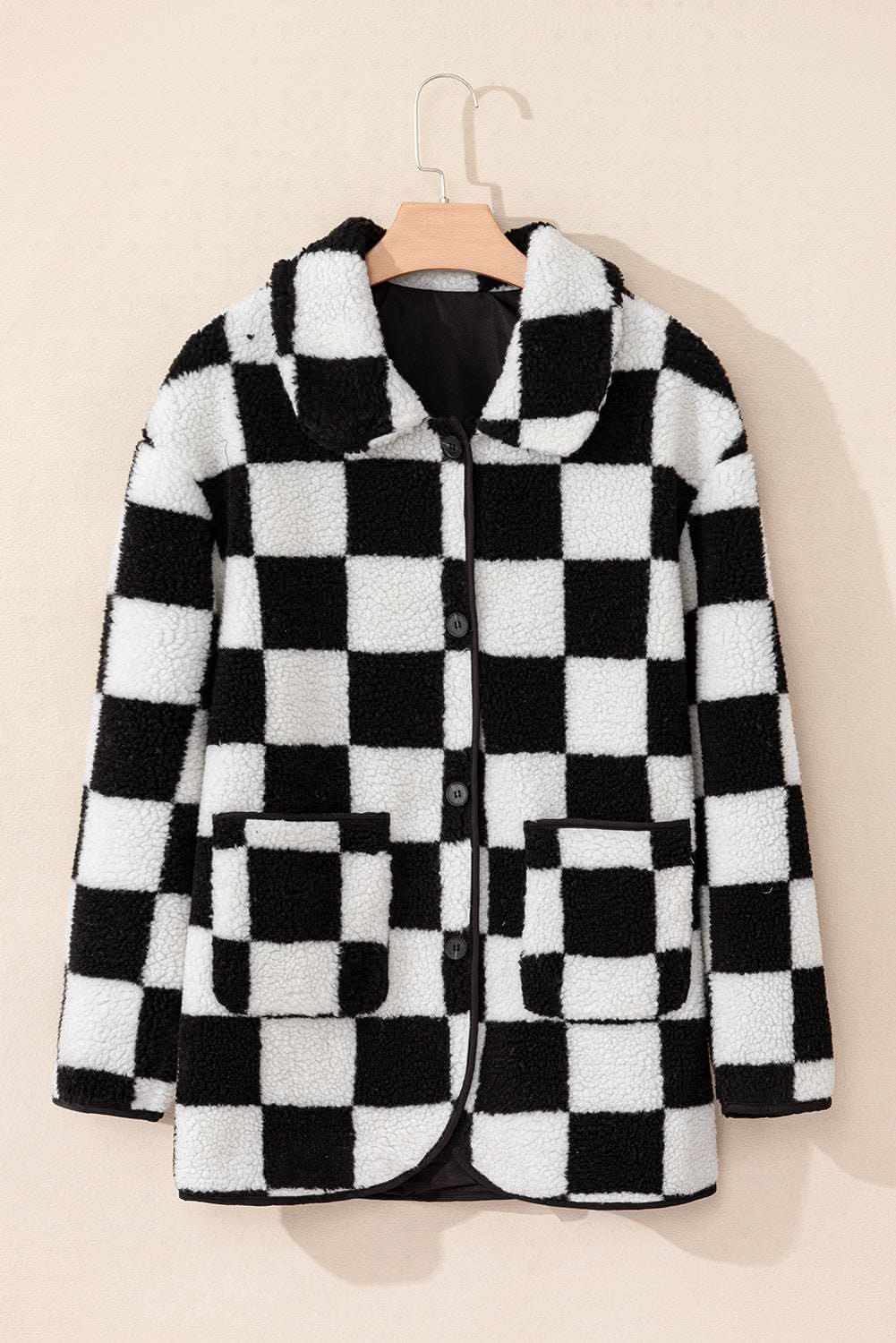 Black Checkered Side Pockets Collared Buttoned Fleece Jacket - Love Salve