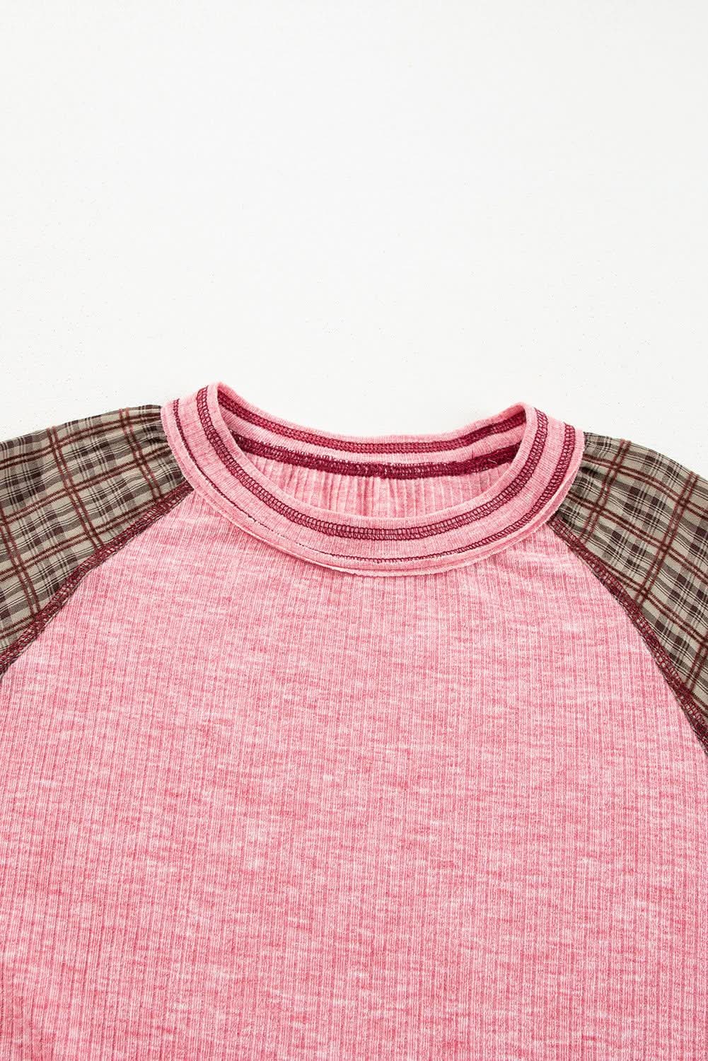 Fushia Mixed Print Patchwork Raglan Ribbed Knit Top - Love Salve