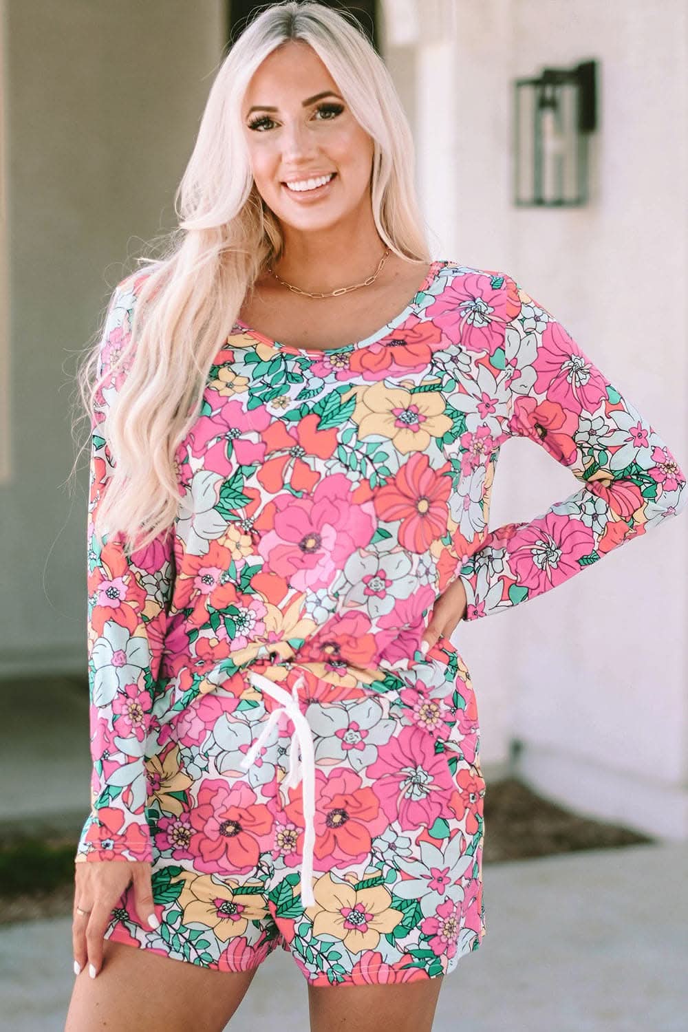 Floral Round Neck Top and Drawstring Shorts Set.