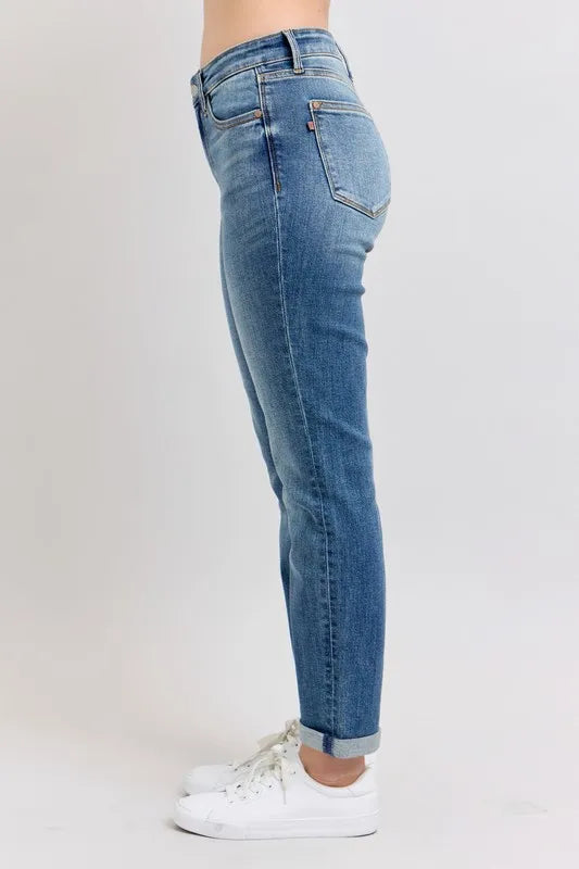 Judy Blue Plus Size Mid Rise Skinny Cuff Jeans with Pockets - Love Salve