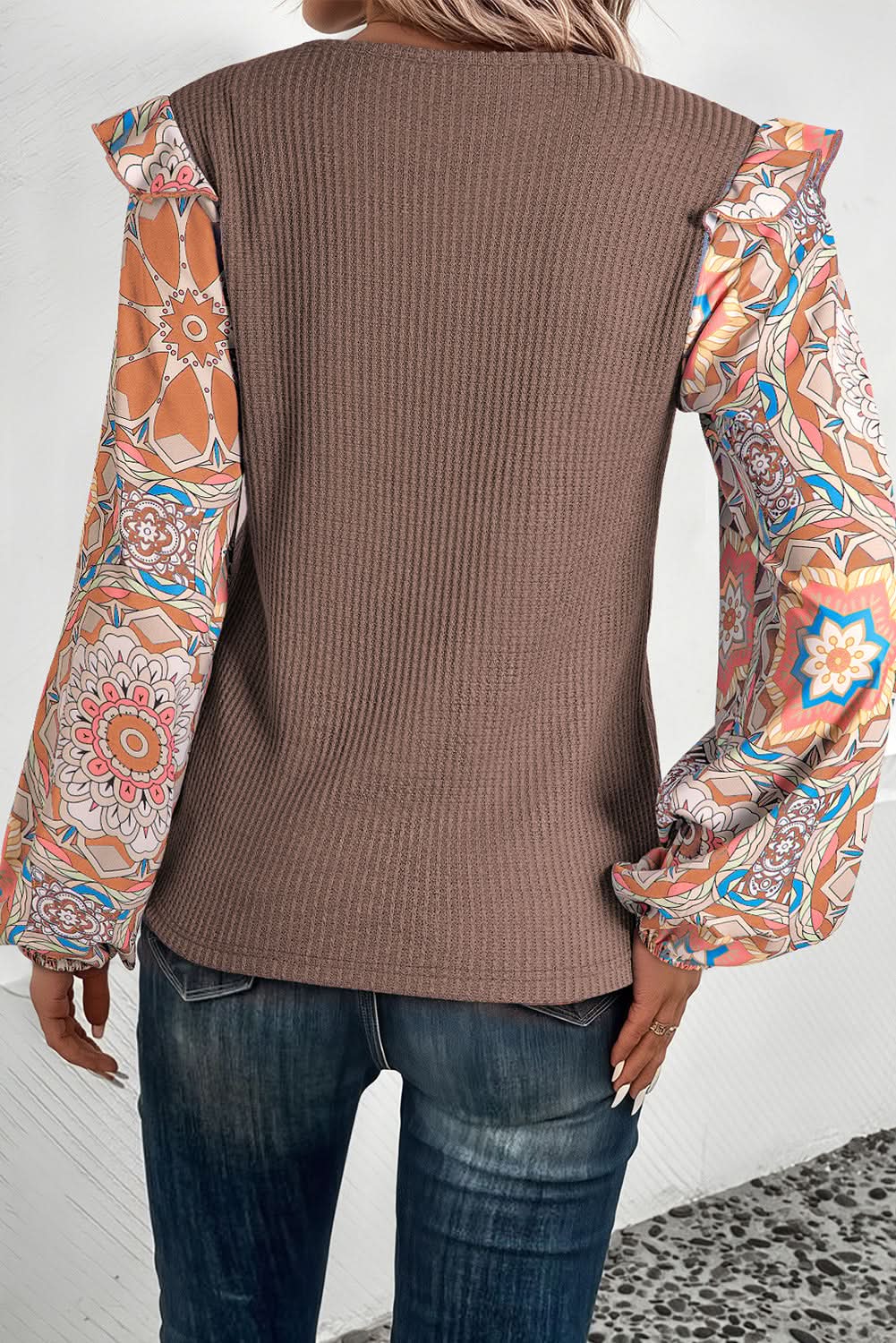 Coffee Ruffled Floral Sleeve Patchwork Waffle Knit O Neck Blouse - Love Salve