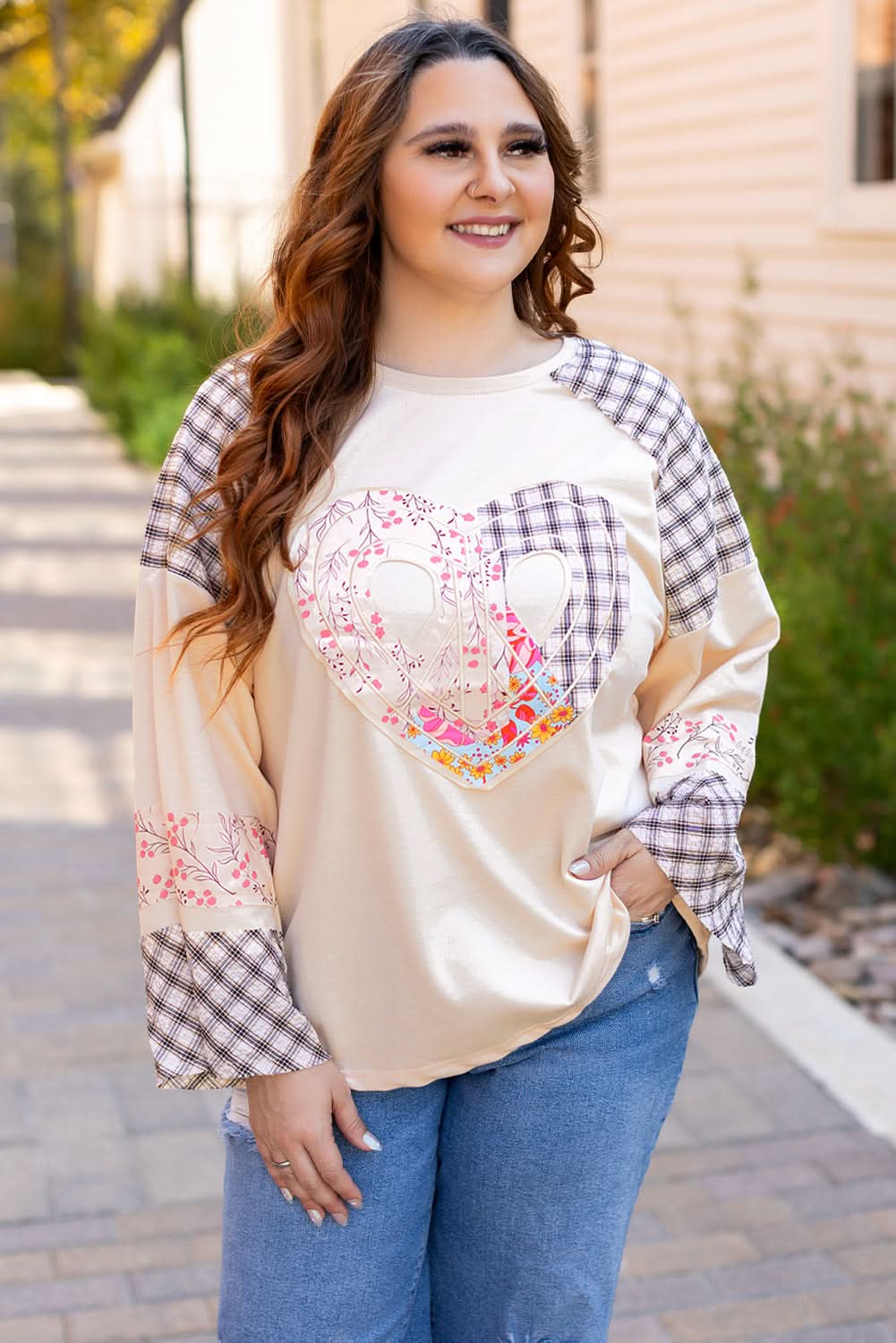 Beige Plaid Floral Peace Heart Graphic Wide Long Sleeve Top - Love Salve