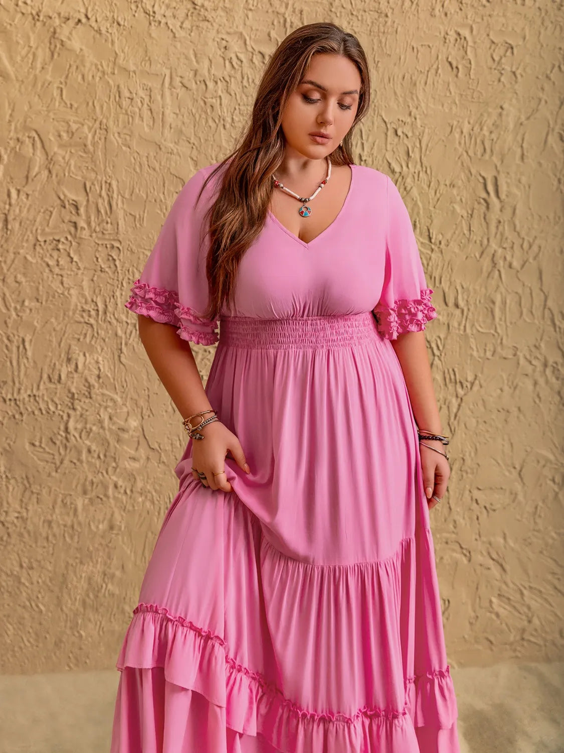 Pink Ruffle Charm Smocked Maxi Dress – Plus Size