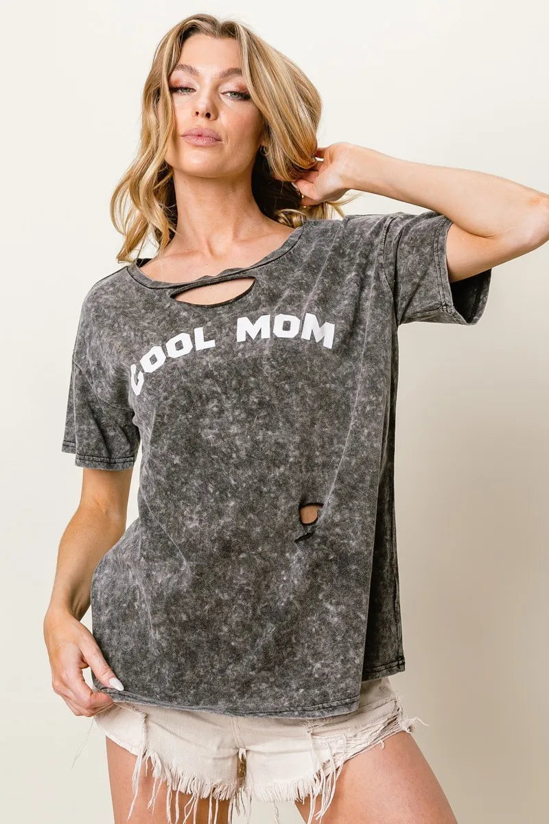 BiBi Washed Laser Cut Detail Cool Mom Print Top - Love Salve