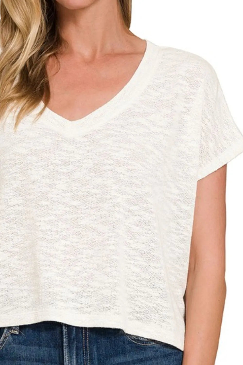 Zenana Hacci Slub V-neck Drop Shoulder Crop Top - Love Salve