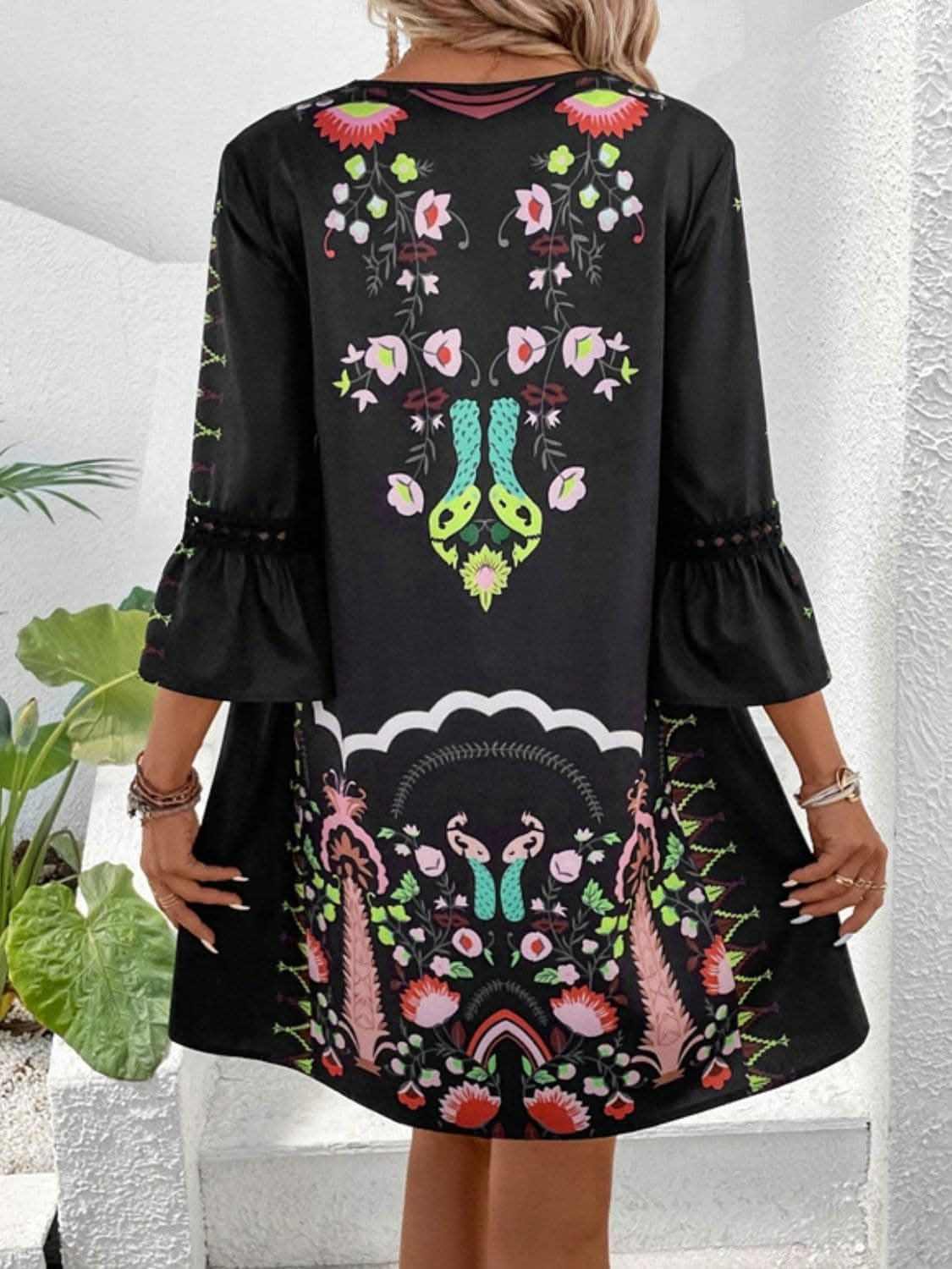 Lace Printed Three-Quarter Dress with Sheer Elegance - Love Salve