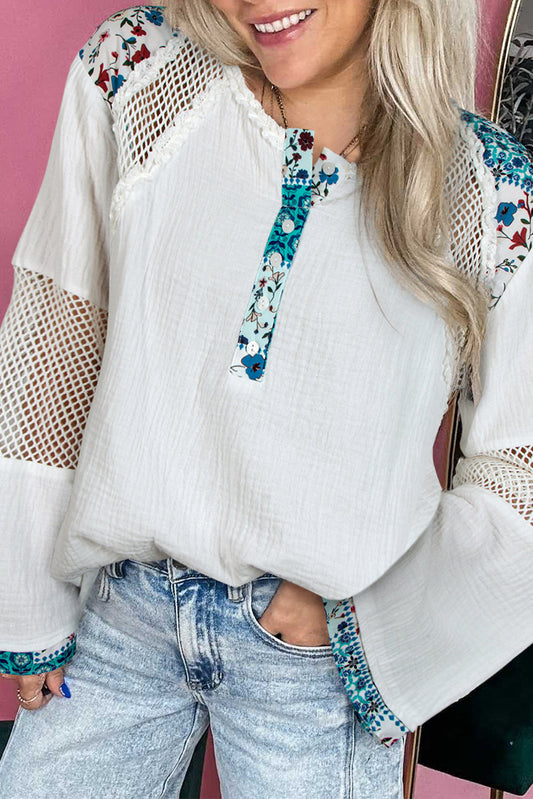 Premium White Plant Mesh Patch Color Block Half Button Blouse Dear-Lover Dropshipping