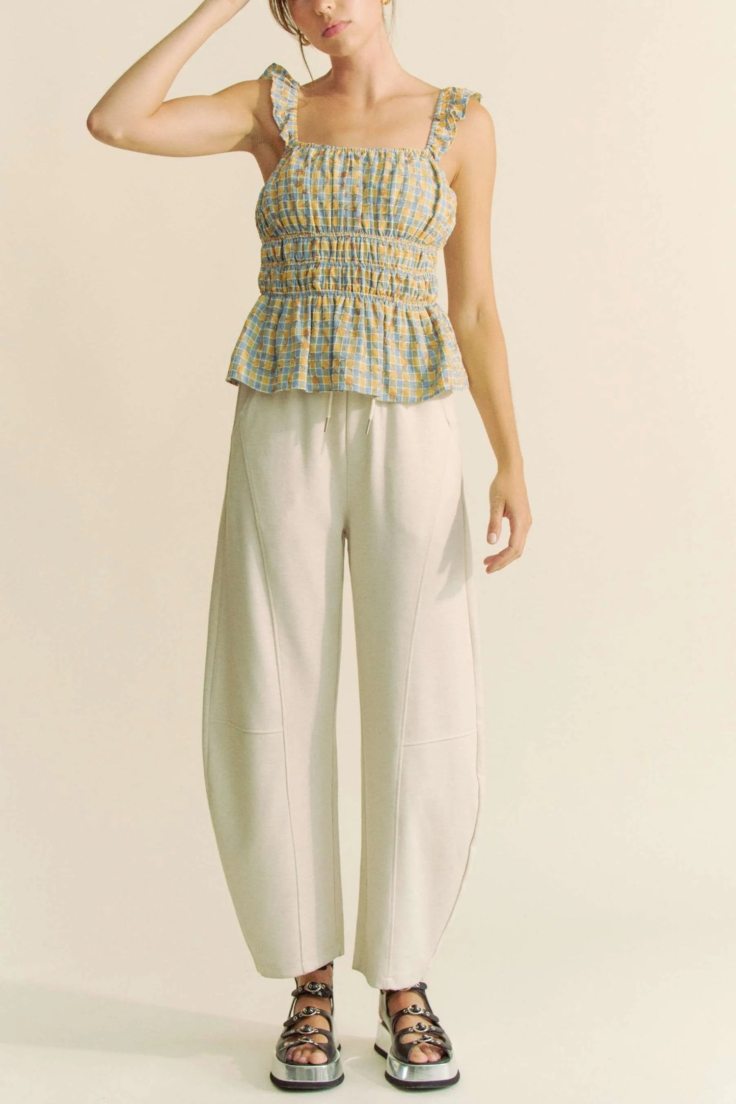 Davi & Dani Plaid Ruffled Strap Smocked Sleeveless Top - Love Salve