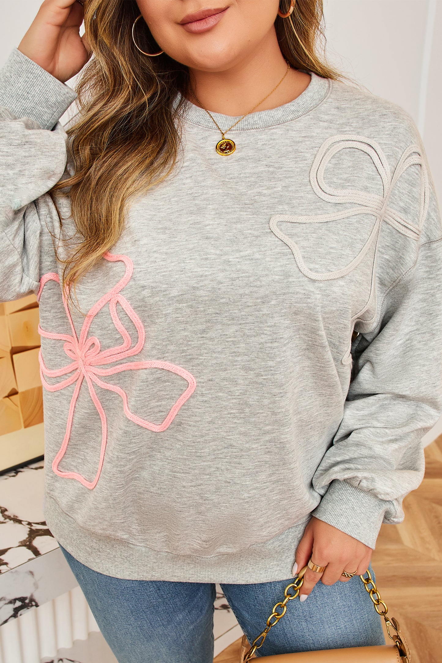 Light Grey Plus Size Embroidered Drop Shoulder Sweatshirt