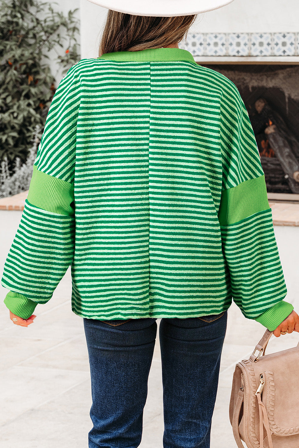 Chic green striped v-neck top