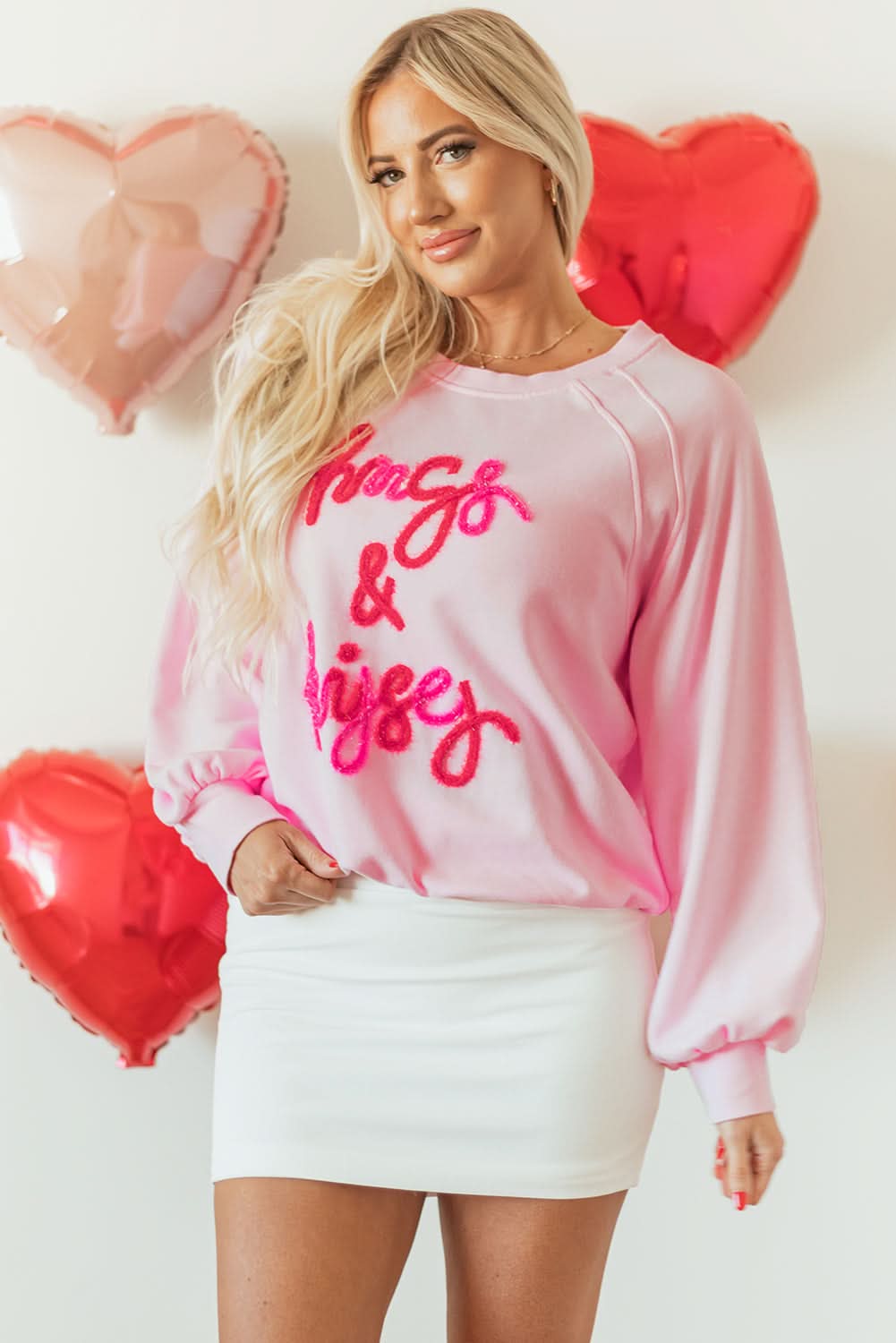 Pink Hugs and Kisses Pop Up Embroidered Raglan Sleeve Sweatshirt - Love Salve