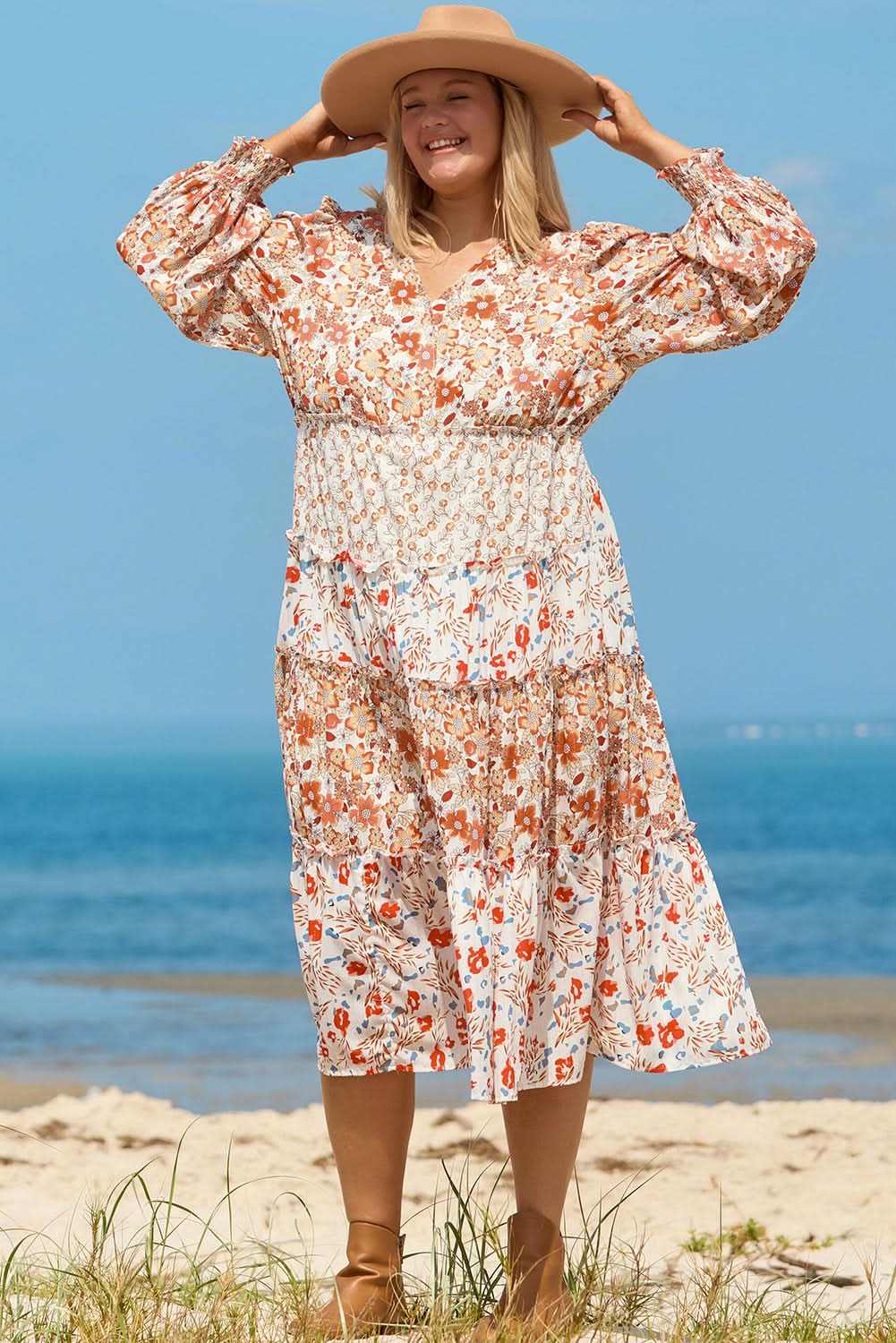Khaki floral plus size maxi dress - Love Salve