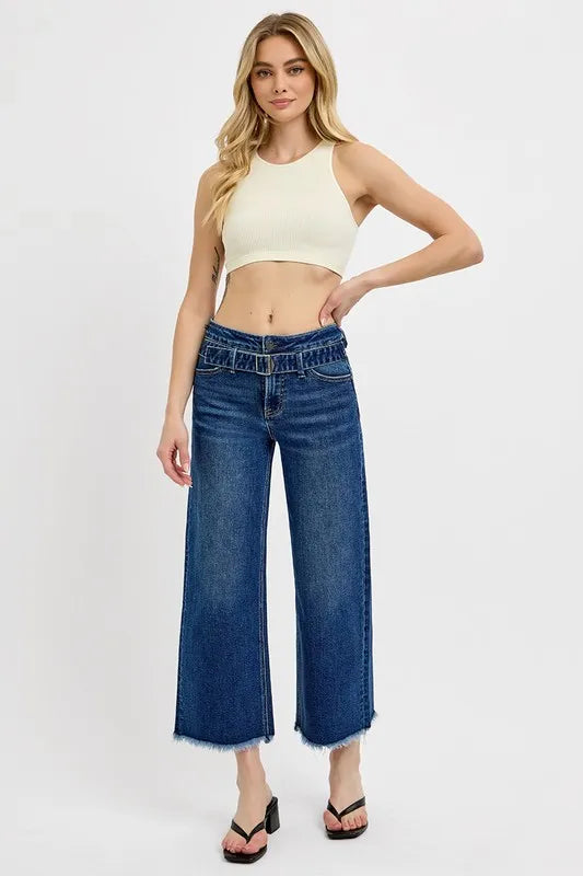 Risen Raw Hem Wide Leg Attached Buckle Jeans - Love Salve