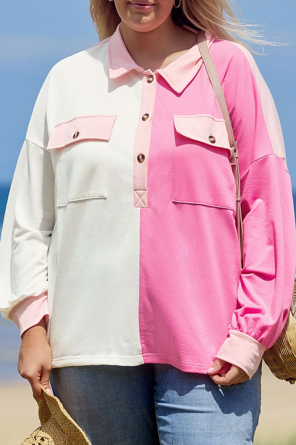 Bonbon Color Block Chest Pockets Half Button Plus Size Sweatshirt - Love Salve