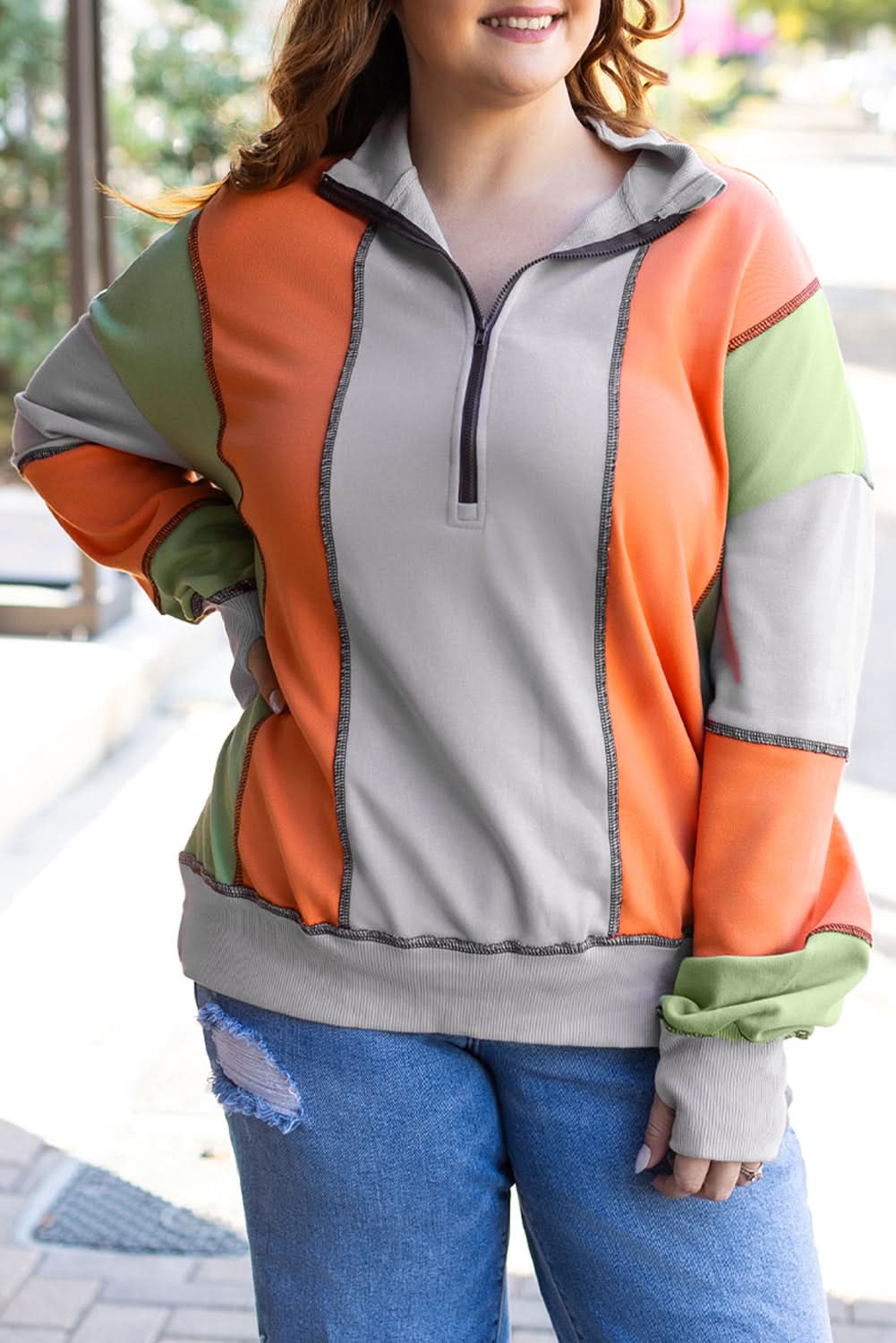 Light Grey Color Block Stitching Detail Half Zipper Sweatshirt - Love Salve